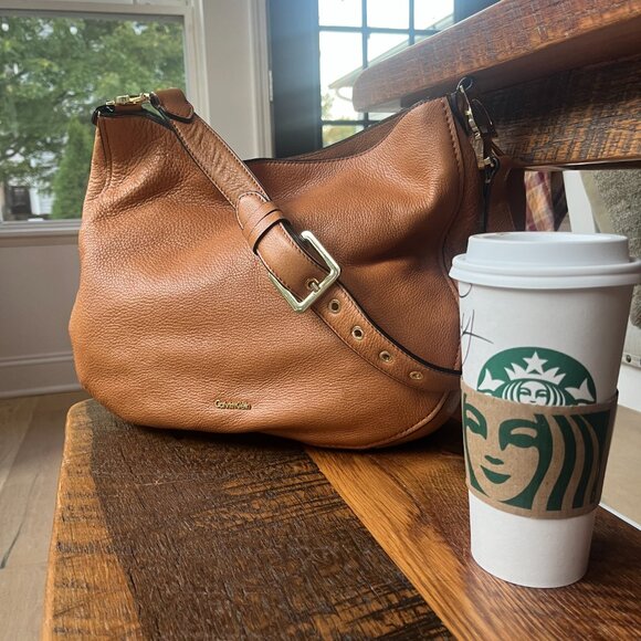 Calvin Klein Pebbled Leather Hobo Bag – Tan Caramel, Gold Hardware, Rare Find - Picture 11 of 11